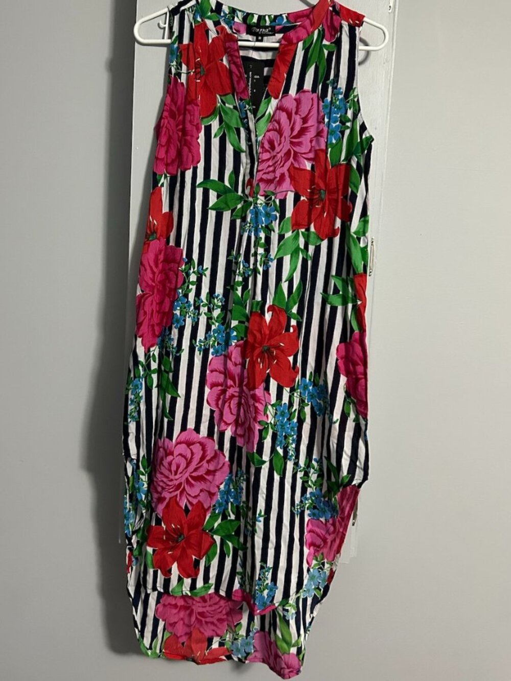 NWT Papa Vancouver Striped/Floral High/Low V-Neck Sleeveless Dress Women's M